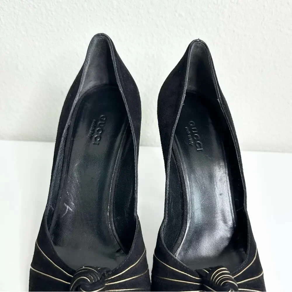 GUCCI Peep Toe Black Pumps with Gold Trim Size 37.5 - Picture 7 of 8